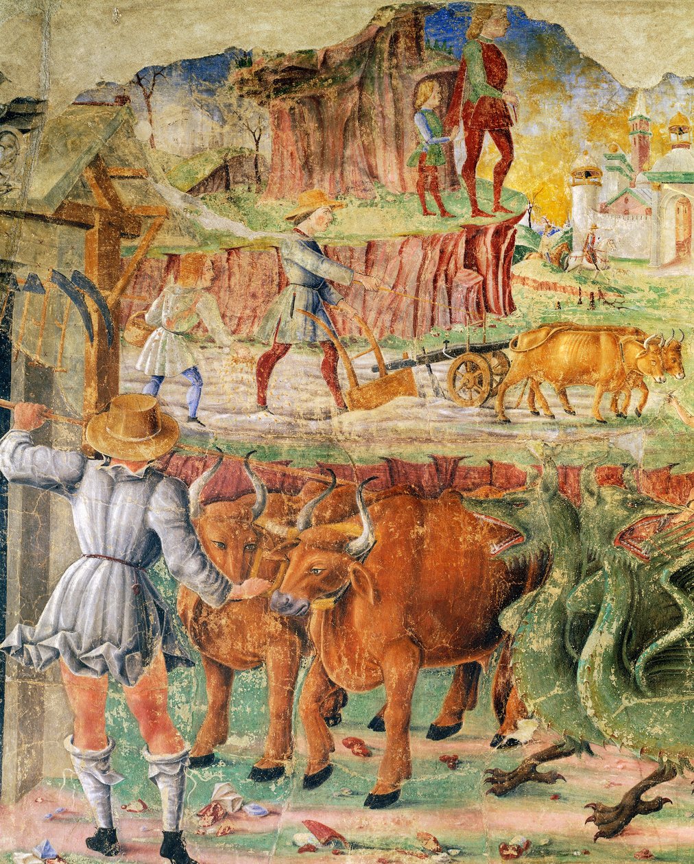 Quadro agrícola, detalhe do Triunfo de Ceres, cena do mês de agosto, ca 1470, atribuído a Cosimo Tura e Mestre de Ercole, afresco, parede norte, Salão dos Meses, Palazzo Schifanoia (Palácio da Alegria), Ferrara, Emilia- Romagna. Itália de Cosimo (attr. to) Tura