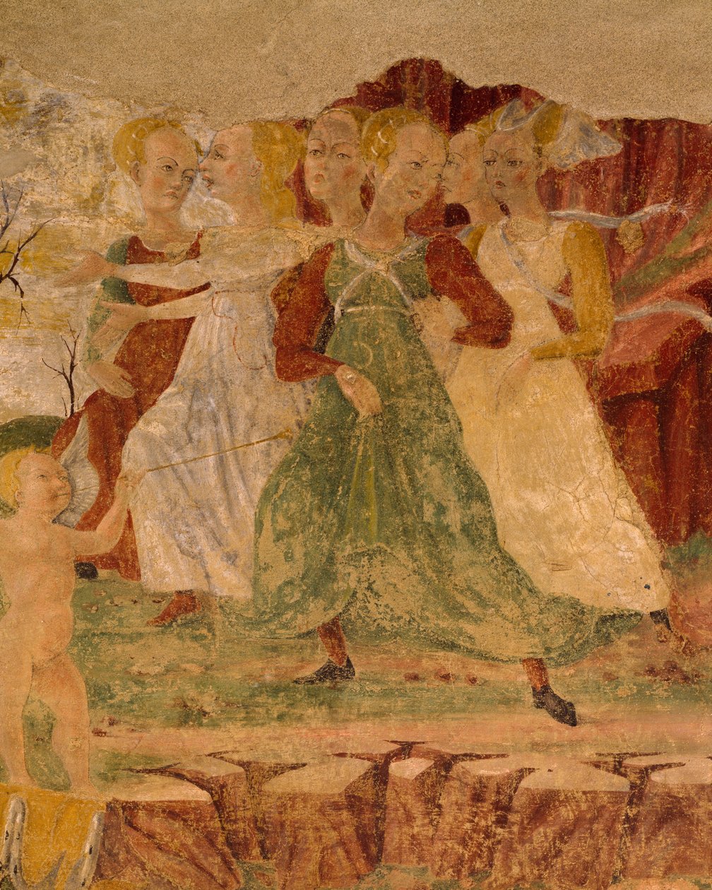 Desespero das criadas de Prosérpina, detalhe do Triunfo de Ceres, cena do Mês de Agosto, atribuído a Cosimo Tura e Mestre de Ercole, fresco, parede norte, Salão dos Meses, Palácio da Alegria, Ferrara, Itália, cerca de 1470 de Cosimo (attr. to) Tura