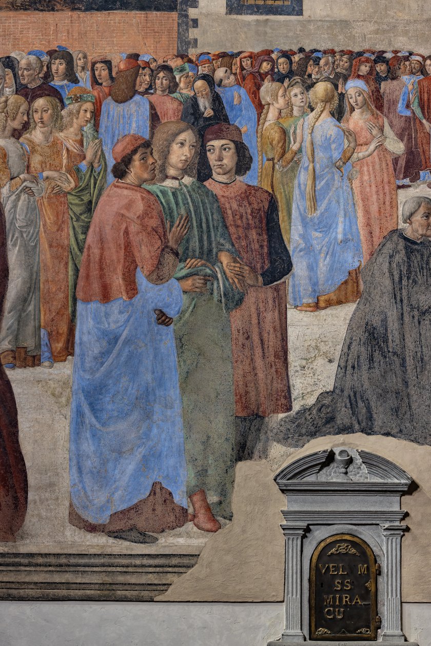 O Grupo de Humanistas Neoplatónicos" (da esquerda, Marsilio Ficino, Giovanni Pico della Mirandola e Agnolo Poliziano): detalhe do 