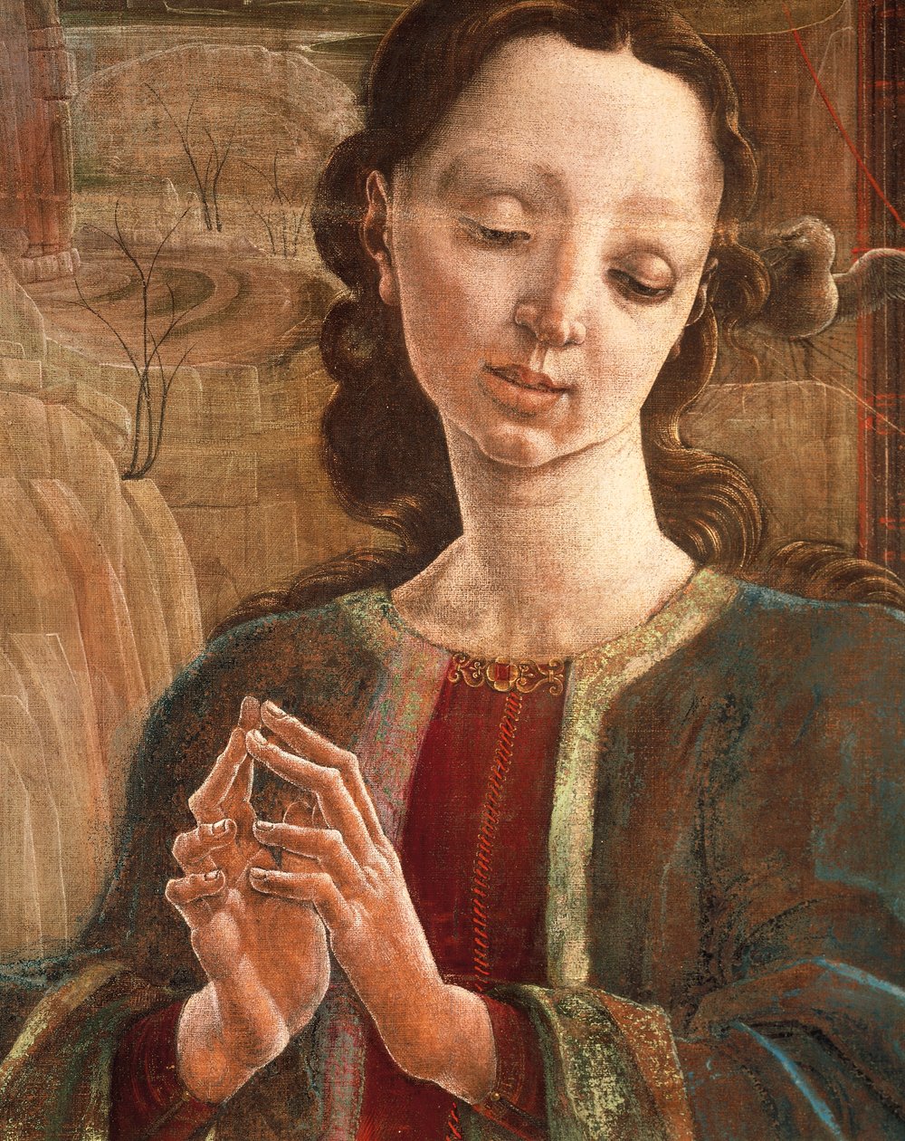 Anunciação, madeira de obturador de órgãos na Catedral de Ferrara de Cosimo Tura