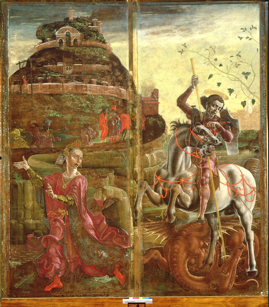 São Jorge e o Dragão, de um políptico, 1469 (têmpera no painel) (ver também 215995) de Cosimo Tura
