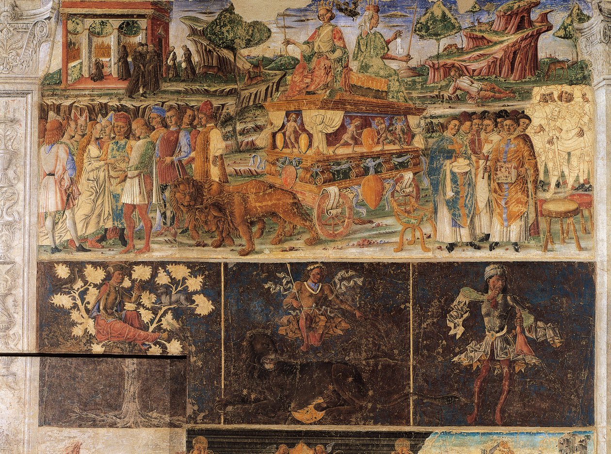 Triunfo de Júpiter e Cibele e Sinal de Leão, cenas do Mês de Julho, fresco, parede norte, Salão dos Meses, Palazzo Schifanoia (Palácio da Alegria), Ferrara, Itália, cerca de 1470 de Cosimo Tura