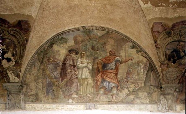 São Domingos Conversão de um herege, lunette do ciclo afresco da Vida de São Domingos, no claustro de São Domingos, c.1698 (fresco) de Cosimo Ulivelli