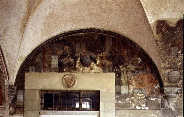 São Domingos Cura a Mulher Doente, lunette do ciclo afresco da Vida de São Domingos, no claustro de São Domingos, c.1698 (fresco) de Cosimo Ulivelli