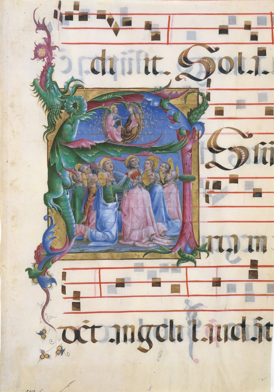 Iluminação manuscrita com a Assunção da Virgem em uma inicial A ..., 1450-60. de Cosmè Tura