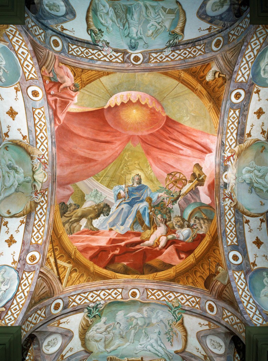 Mosteiro de Saint Emmeran, residência dos príncipes de Thurn e Taxis desde 1812: Fresco no teto da biblioteca, Rei Salomão ... (fresco) de Cosmas Damian Asam