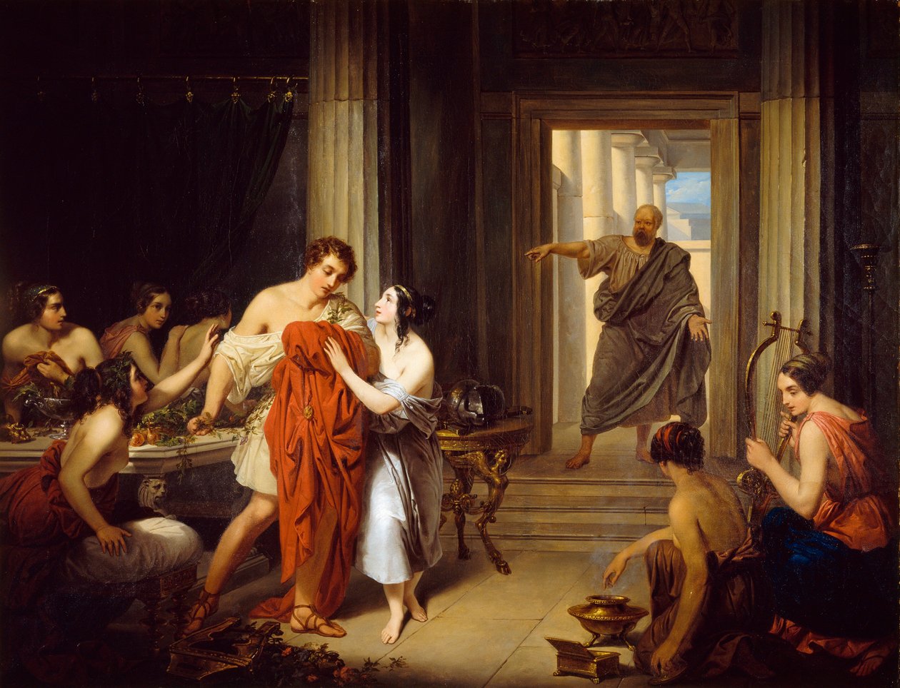 "O filósofo grego Sócrates (470-399 AC) descobre o jovem Alcibiade (450-404 AC) com um hetary (prostituta grega)". de Cosroe Dusi
