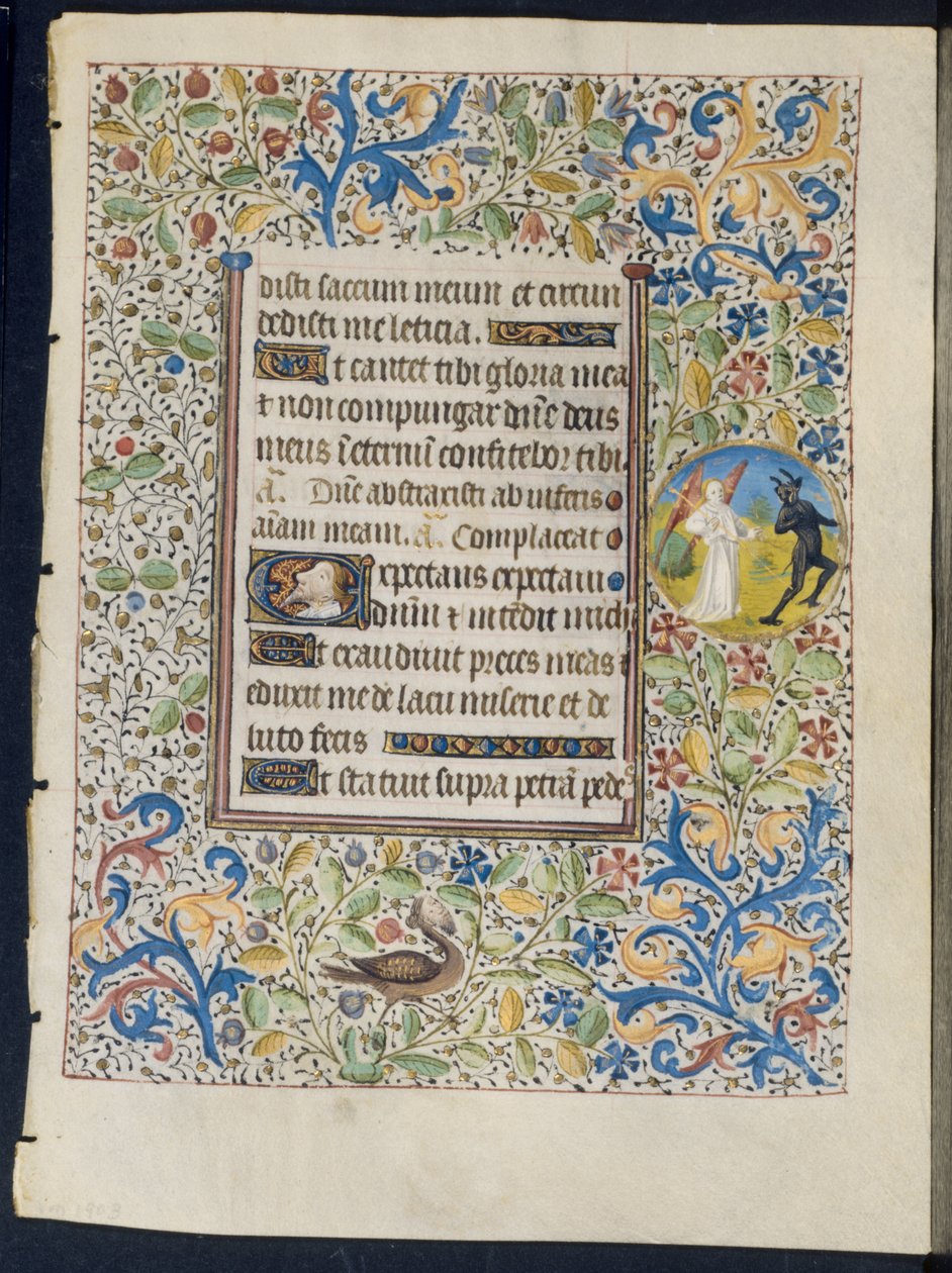 Folha de um livro de horas: Anjo perseguindo um diabo reto e Dois diabos verso, c. 1460 de Coëtivy Master