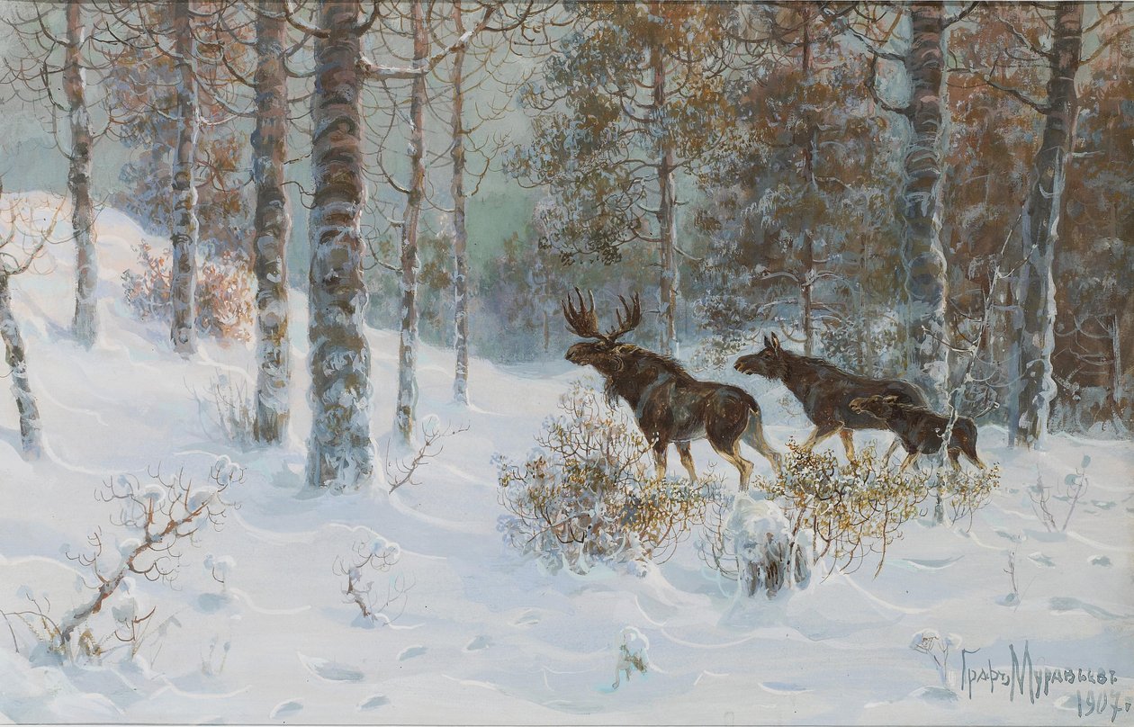 Paisagem de inverno com alces, 1907 de Count Vladimir Leonidovich Muravyov
