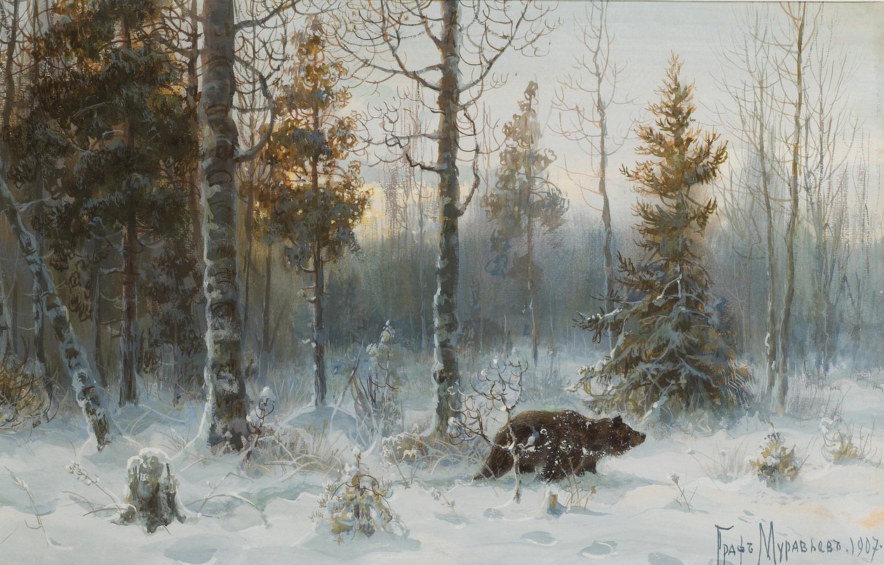 Paisagem de inverno com urso, 1907 de Count Vladimir Leonidovich Muravyov