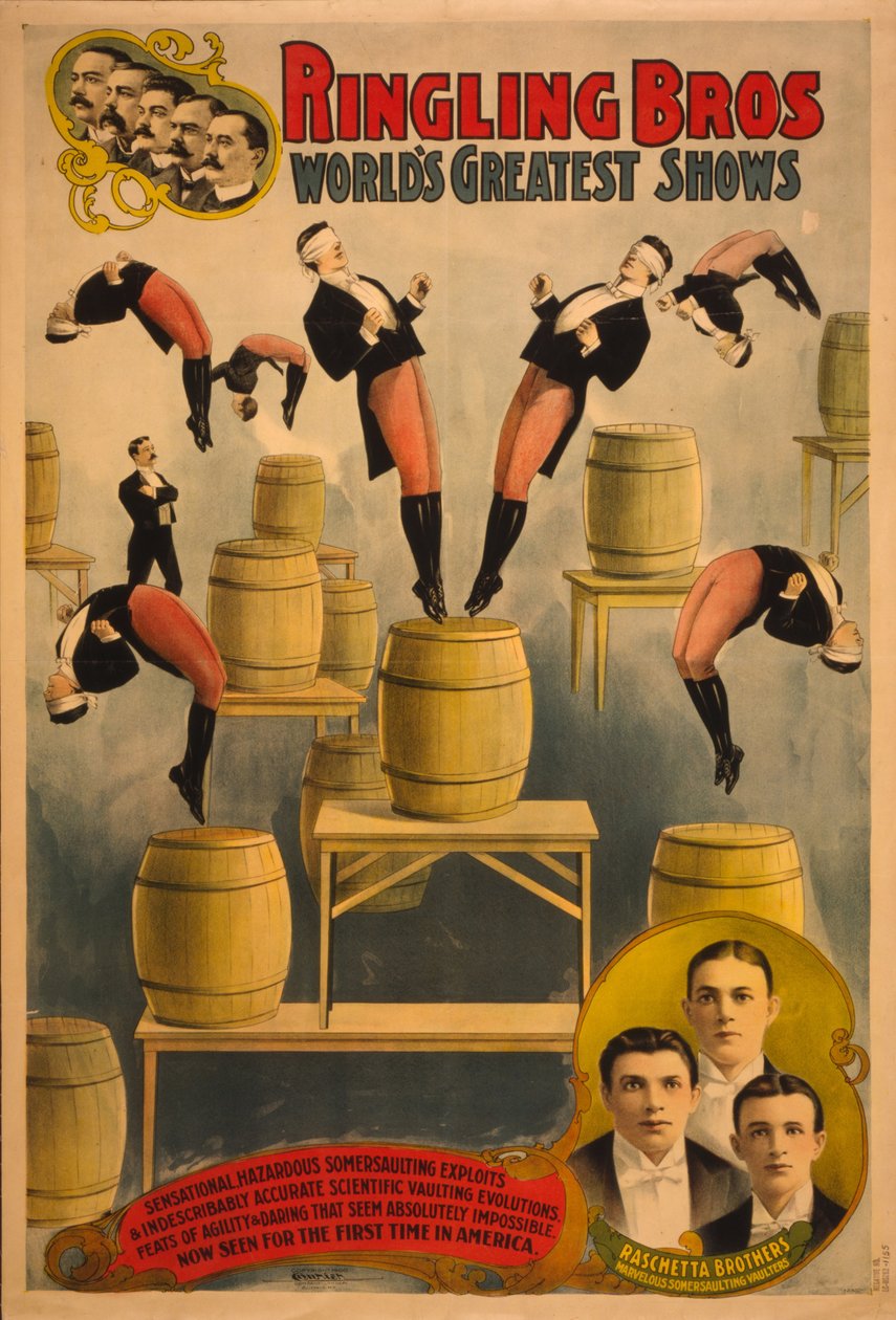 Ringling Bros, maiores shows do mundo, irmãos Raschetta, maravilhosos saltos mortais, c. 1900 de Courier Company Lith.