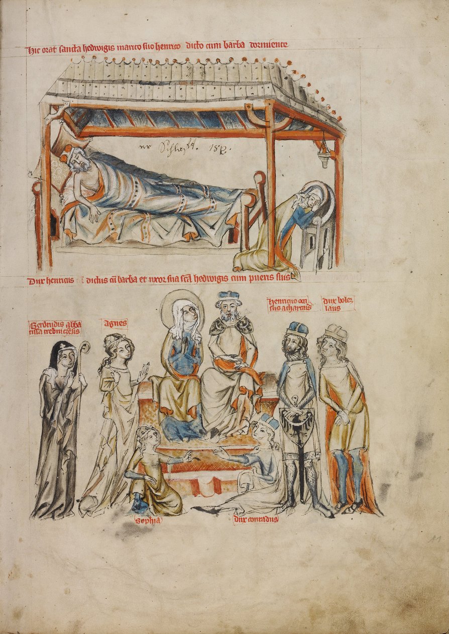 Heinrich dormindo e Edwiges rezando. Henrique e Edwiges com seus filhos, 1353 de Court workshop of Duke Ludwig I