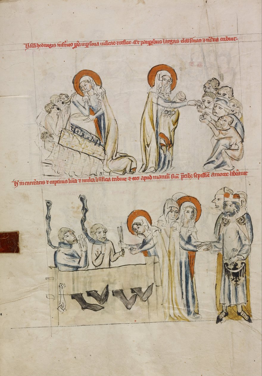 Hedwig Cuidando dos Doentes; Hedwig cuidando de prisioneiros de Court workshop of Duke Ludwig I of Liegnitz and Brieg