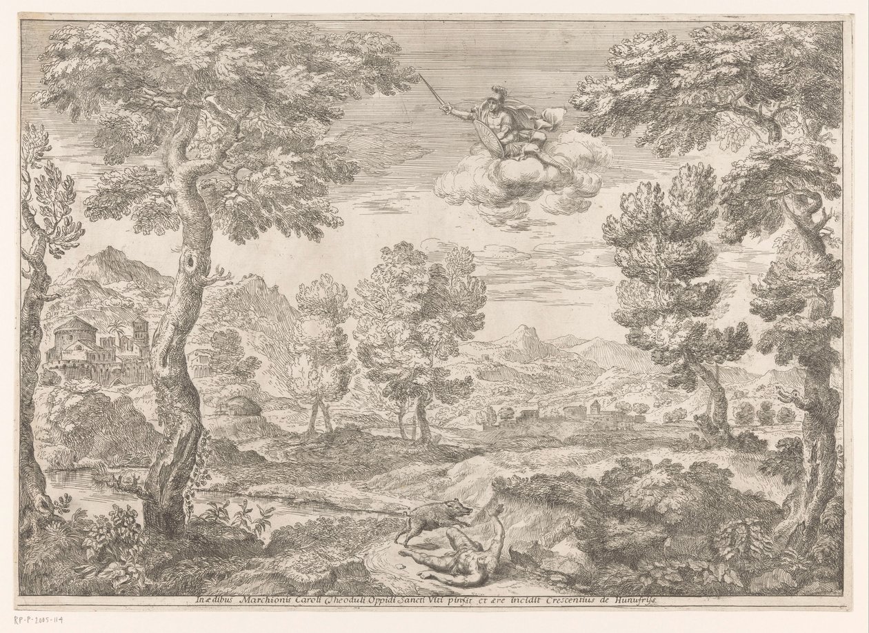 Adónis atacado por um javali selvagem
Paisagens depois de pinturas no Palazzo Theodoli em San Vito Romano (título da série) de Crescenzio Onofrij
