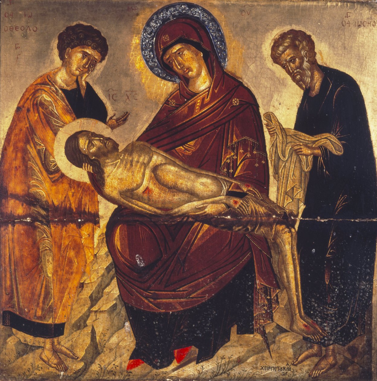 A Virgem com os Mortos Cristo e Santos João Evangelista e José de Arimatéia, final do século XV (têmpera e ouro no painel) de Cretan School