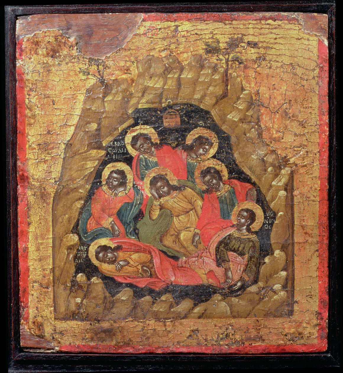 Os Sete Dorminhocos de Éfeso (têmpera no painel) de Cretan School