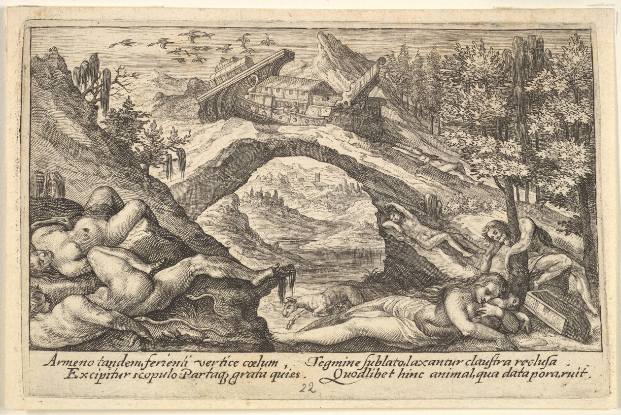 Consequências do Dilúvio: corpos humanos espalhados em terra seca em primeiro plano, a charneca da arca de Noé..., 1612. de Crispijn de Passe I