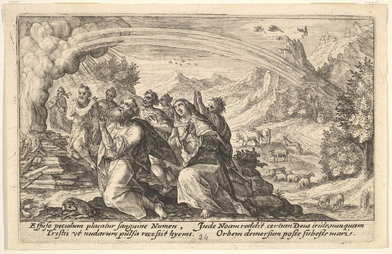 Deus faz uma aliança com Noé: junto a uma pira fumegante Noé ajoelha-se num gesto de p..., 1612. de Crispijn de Passe I