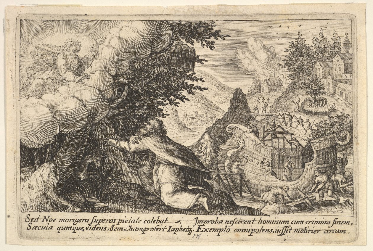 Noé ajoelhado diante de Deus à esquerda, a construção da arca em andamento além, de uma ser..., 1612. de Crispijn de Passe I