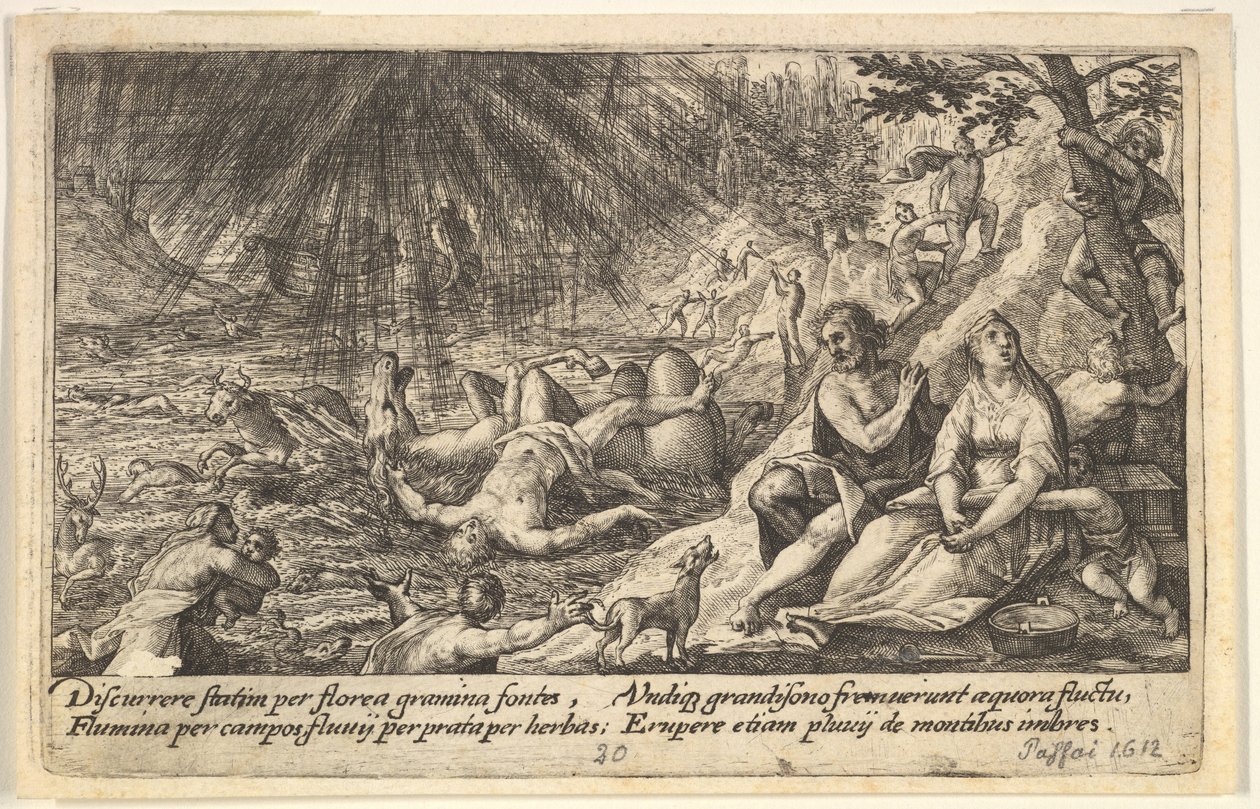 O início do Dilúvio: homens e mulheres sobem a um terreno mais alto à direita, a água ultrapassa..., 1612. de Crispijn de Passe I