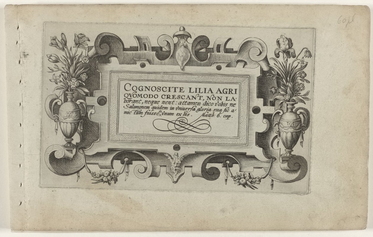 Página de rosto e onze gravuras de flores, plantas e frutas Cartouche com moldura de arabescos para a série: Cognoscite lilia Cognoscite lilia (título da série no objeto) de Crispijn van de Passe (I) (attributed to)