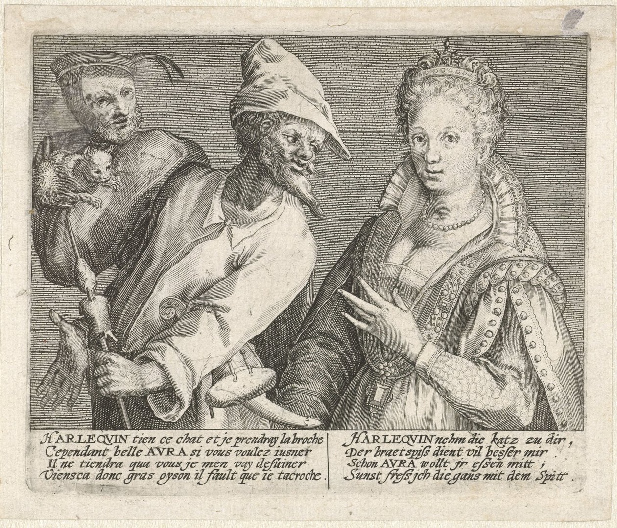 Aura tenta seduzir o Arlequim
Mimicarum aliquot facetiarum icones ad habitum Italicum expressi (título da série) de Crispijn van de Passe (I)