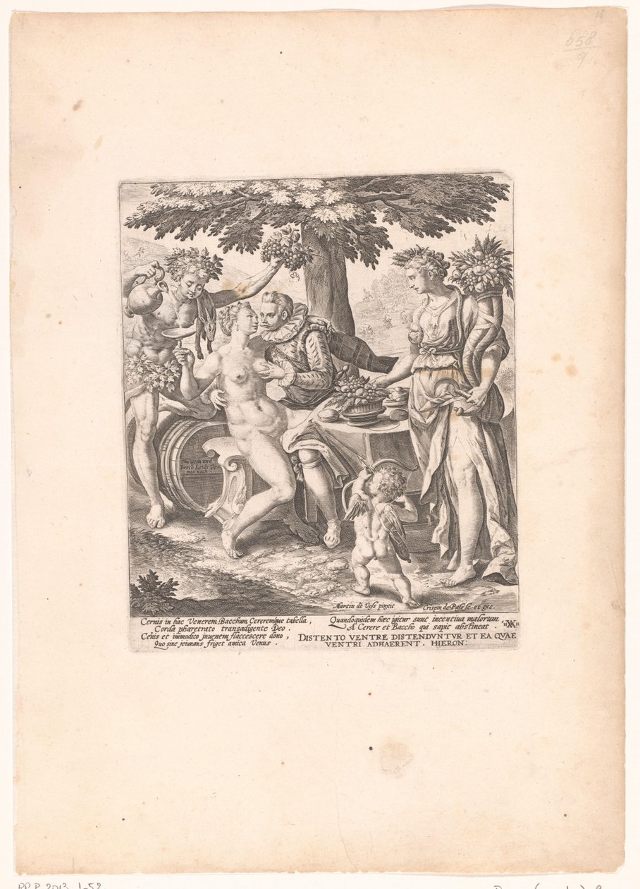 Homem em gezelschap van Venus, Ceres en Bacchus Vênus é frio sem Ceres e Baco de Crispijn van de Passe (I)