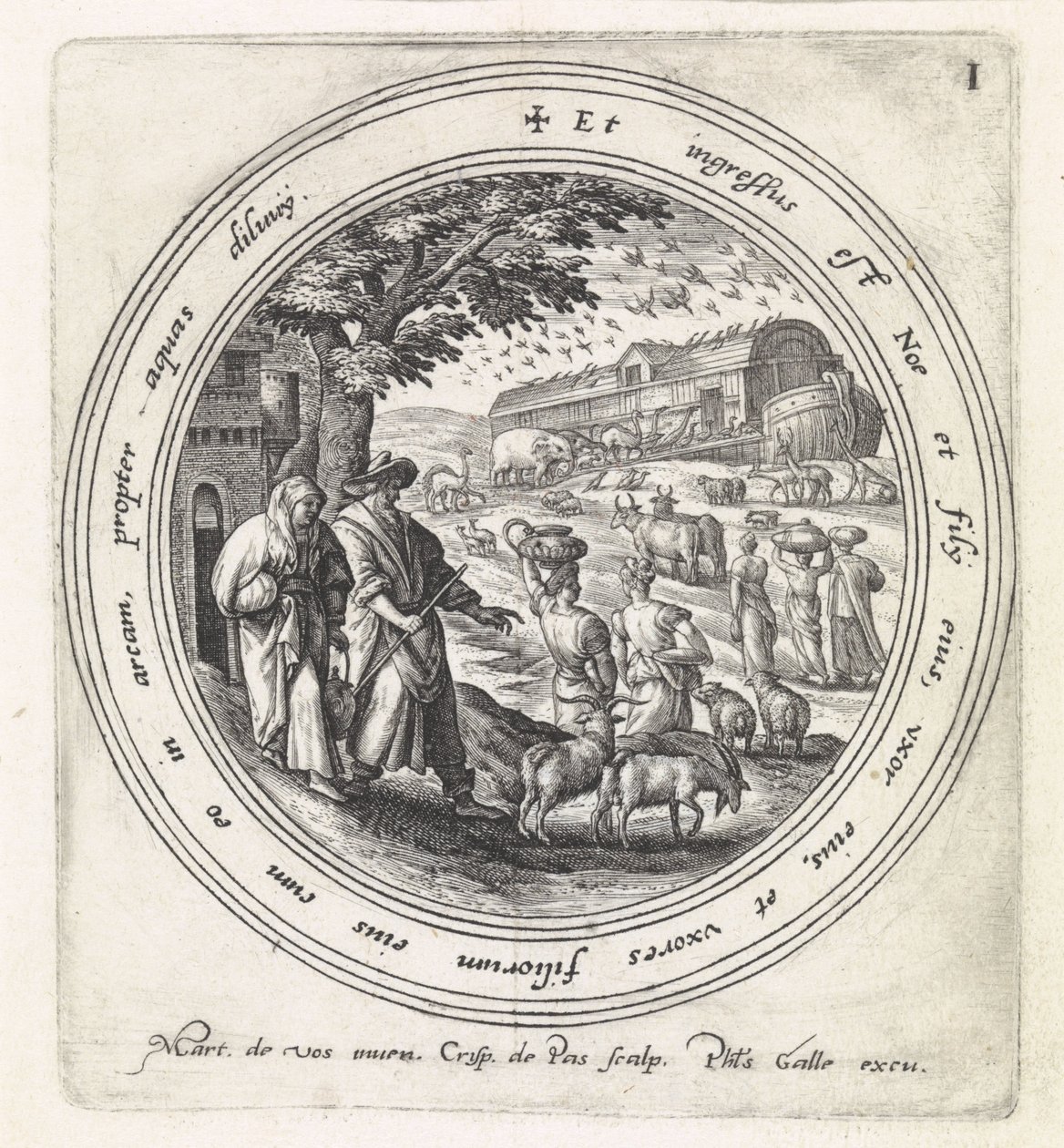 Noé embarca na arca com a sua família e os animais
História de Noé (título da série) de Crispijn van de Passe (I)