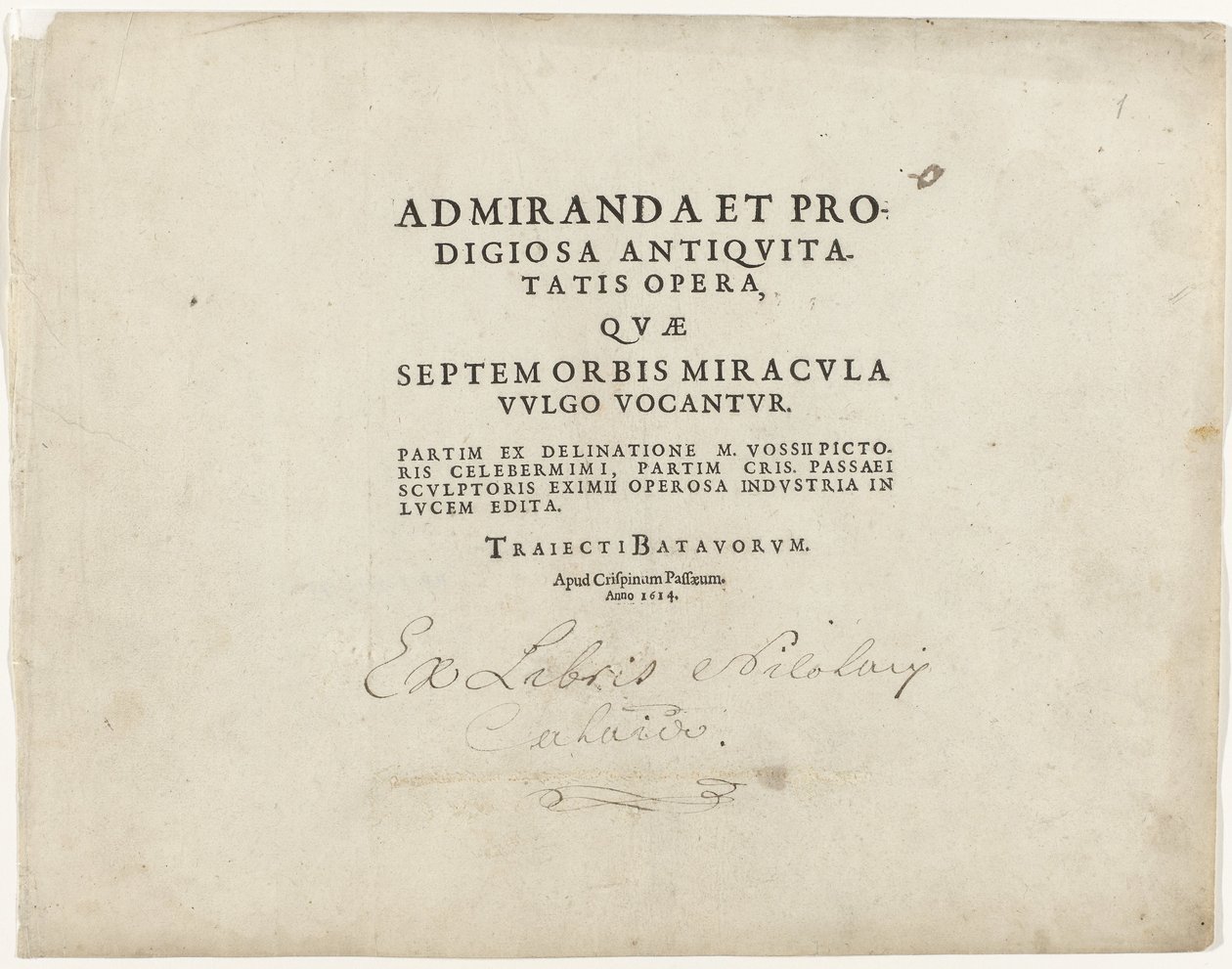 Página de título da série Sete Maravilhas do Mundo
Página de título com texto tipográfico: Admiranda et prodigiosa antiquitatis opera, quae septem orbis miracula vulgo vocantur, 1614 de Crispijn van de Passe (I)
