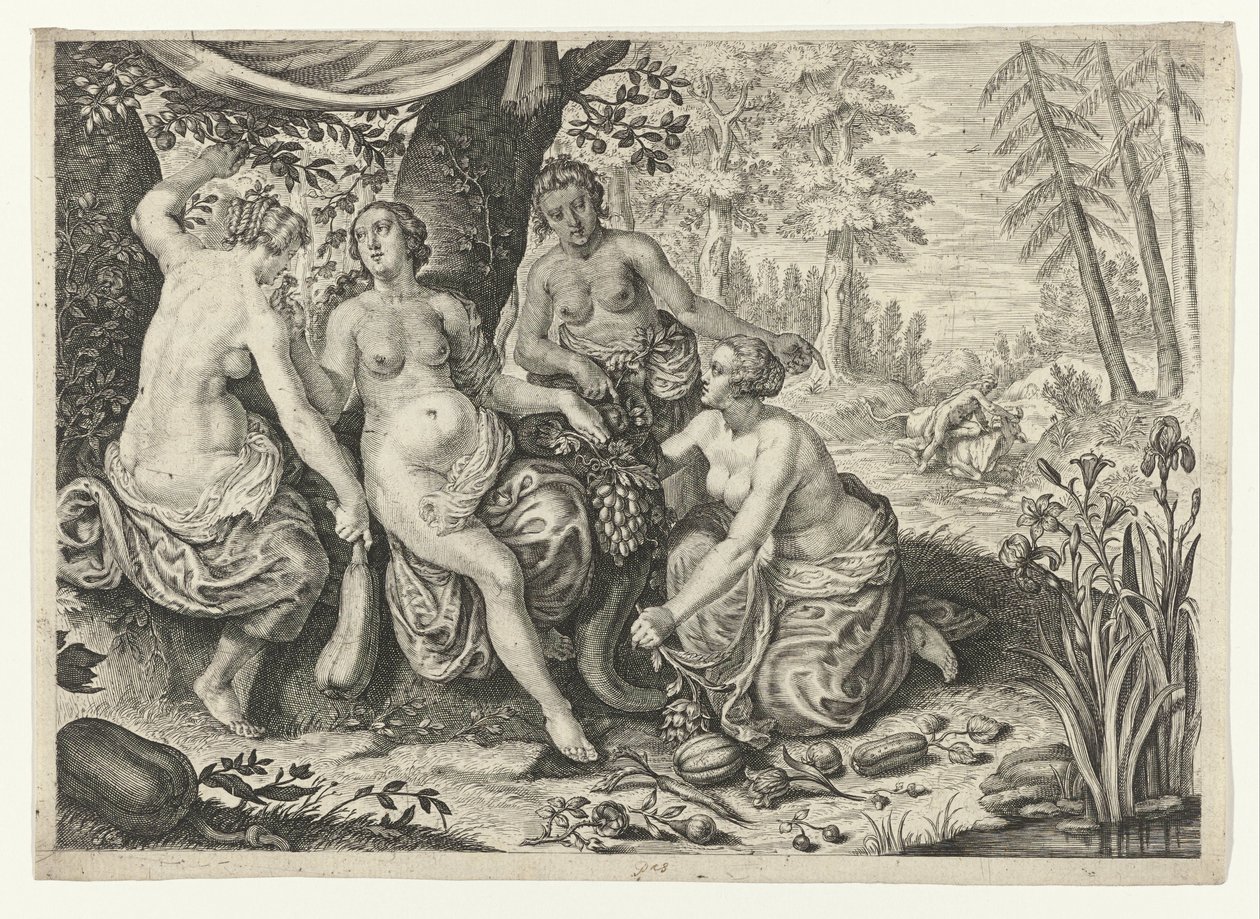 As ninfas enchem o corno da abundância
Metamorfoses por Ovid (título da série) de Crispijn van de Passe (II) (attributed to)