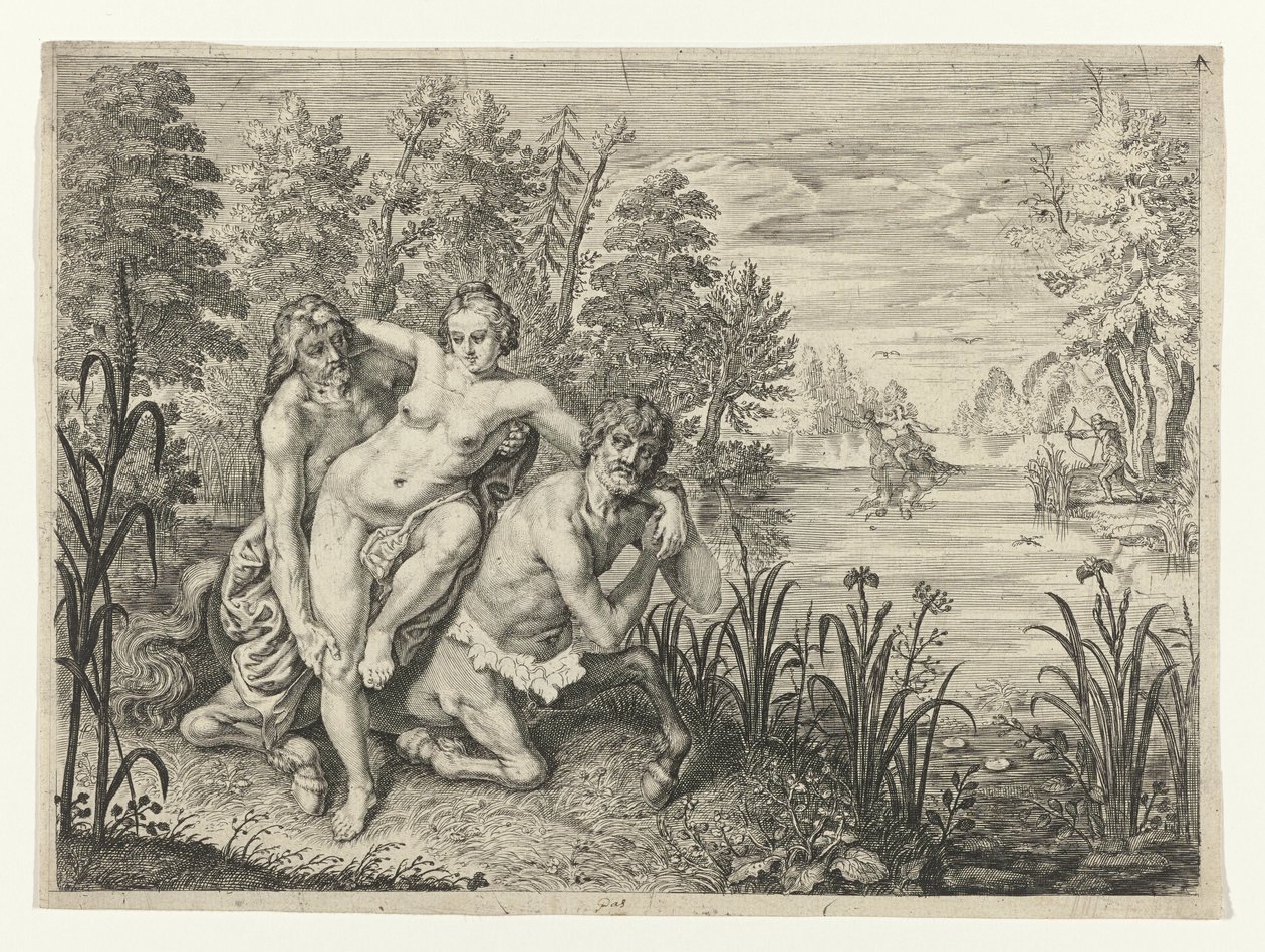 Nessus coloca a Deianira do outro lado do rio
Dianier por Nessus através do rio (título sobre o objecto)
Metamorfoses por Ovid (título da série) de Crispijn van de Passe (II) (possibly)