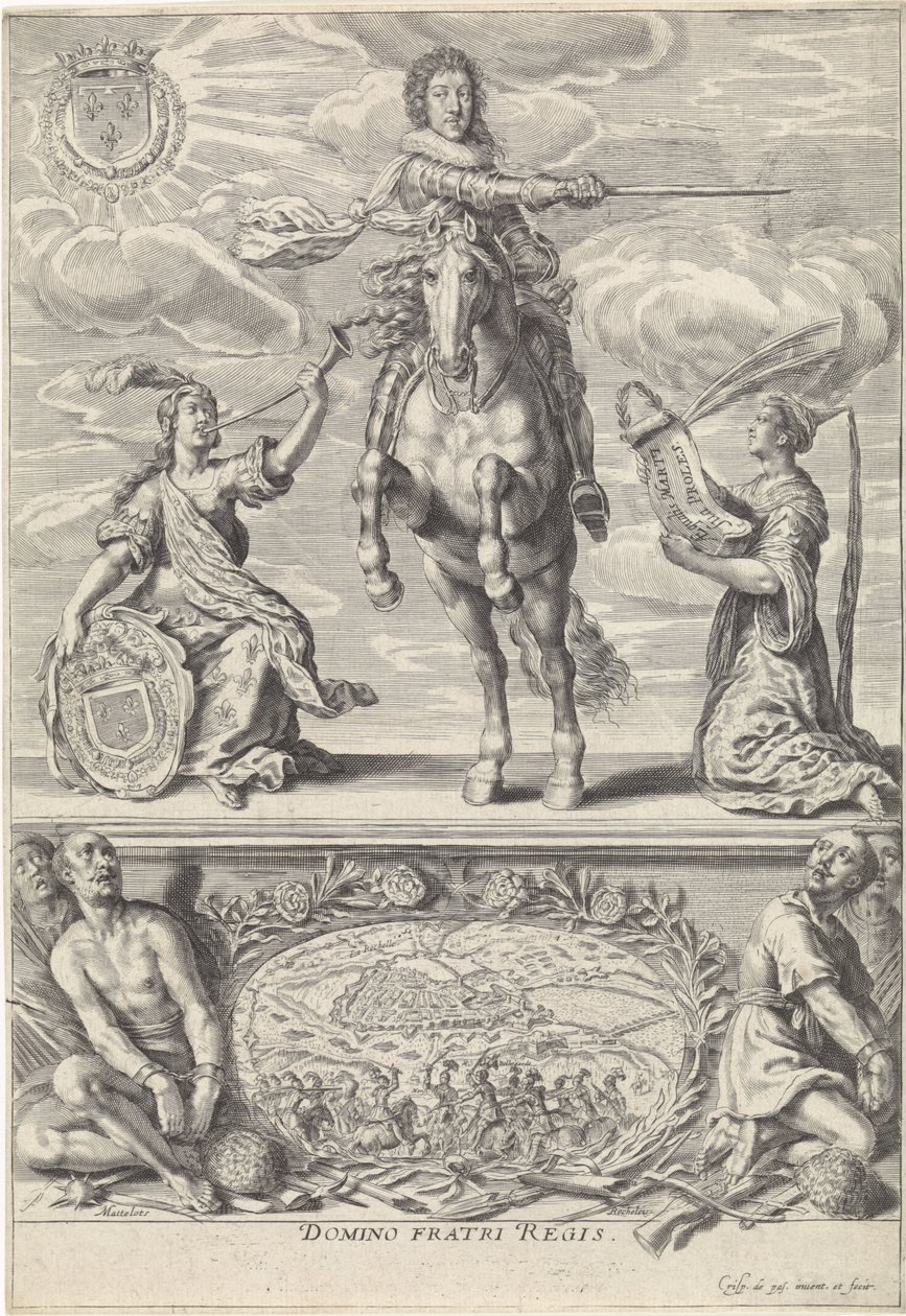 Retrato de Gaston Jean-Baptiste de Orléans, a cavalo Domino Fratri Regis. (título no objeto) de Crispijn van de Passe (II)