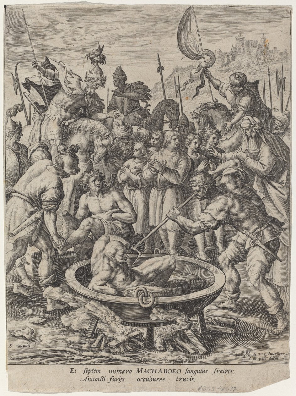 Os Sete Irmãos Macabeus mortos por Antíoco de Crispijn van de Passe I after Maarten de Vos