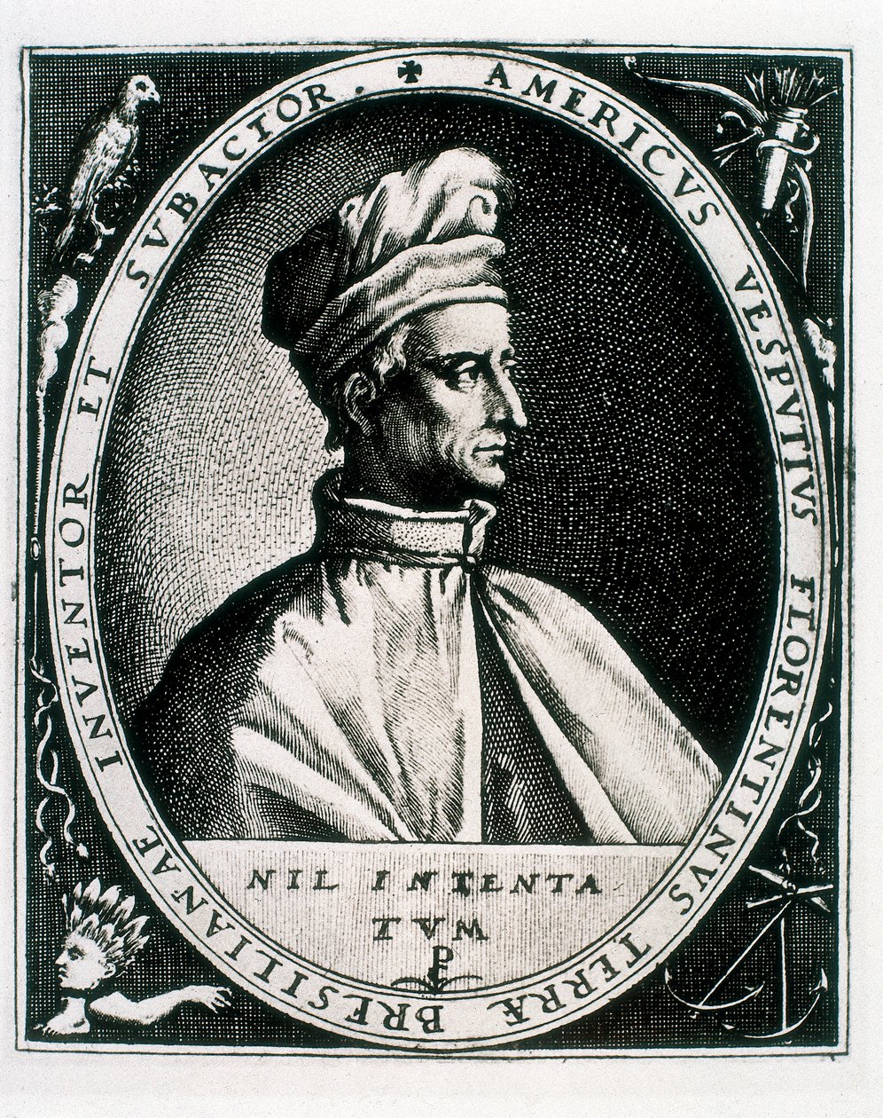 Retrato de Amerigo Vespucci, inscrição "Americus Vesputius Florentinus Terrae Bresilianae Inventoret Subactor" (gravura) de Crispin I de (after) Passe