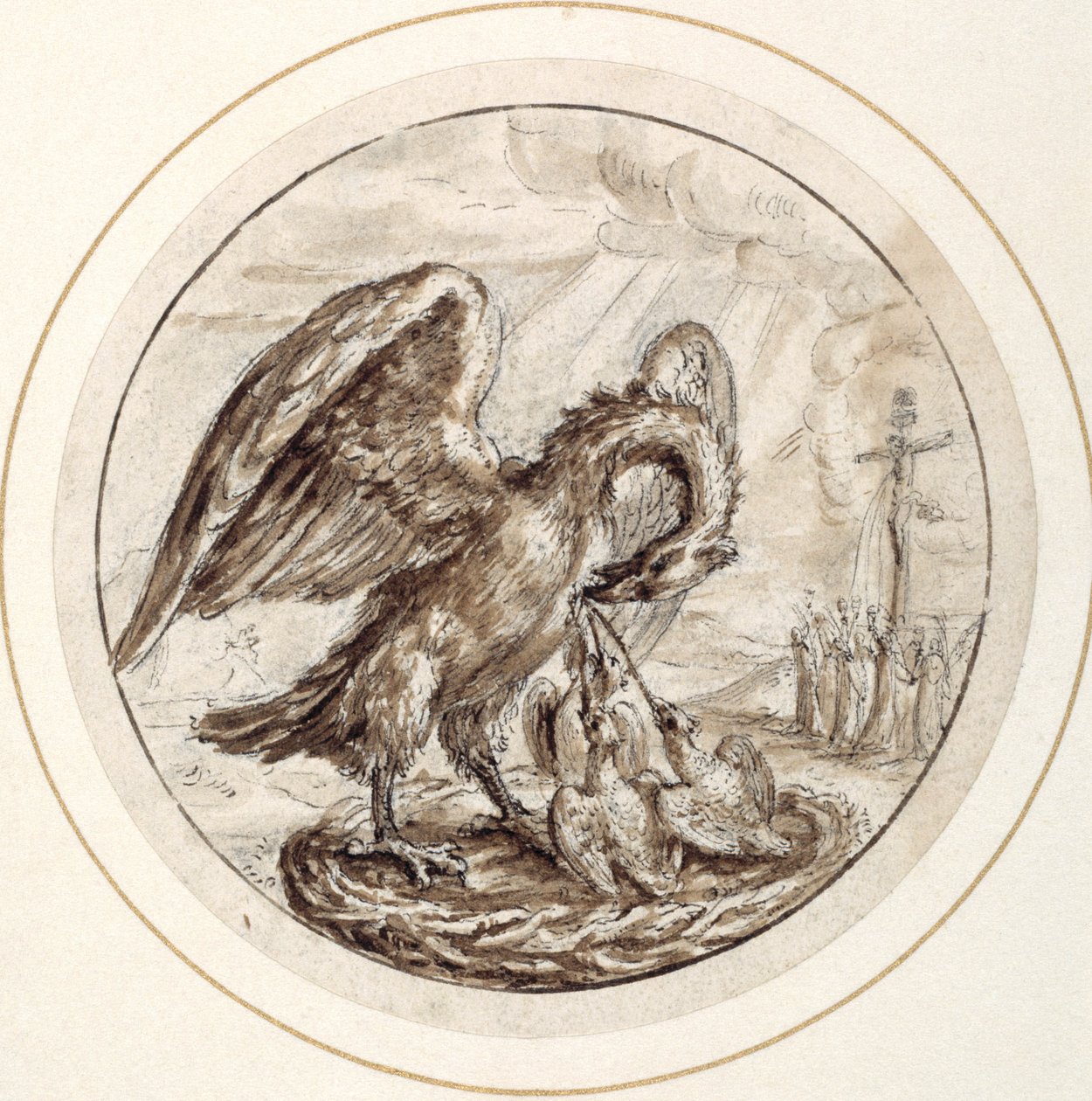 Uma Pelican na sua Piedade, início do século 17 (caneta e tinta castanha com lavagem castanha) de Crispin I de Passe