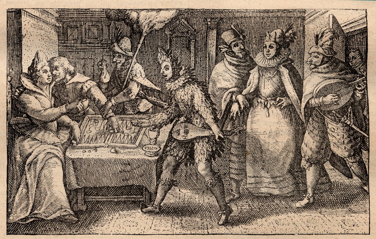 Uma festa de gamão com jogadores de gamão - gravura holandesa em chapa de cobre; de um conjunto de gravuras, Hortus Voluptatem, de Crispin de Passe (1550-1643) - Um casal a jogar gamão surpreendido por cinco homens com máscaras gravadas por Crispin de Pass de Crispin I de Passe