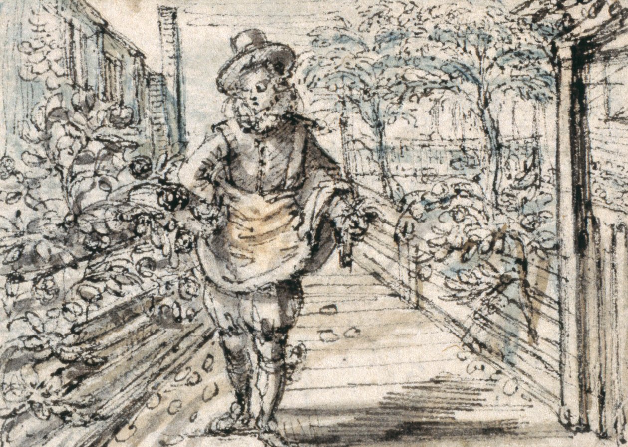 Um passeio juvenil elegantemente vestido em um jardim de rosas da cidade (caneta e tinta marrom com lavagem marrom e cinza sobre papel) de Crispin I de Passe