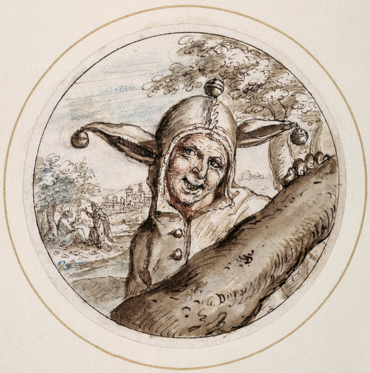 Tolo com Boné e Sinos, início do século XVII (caneta e tinta castanha com lavagens castanhas, cinzentas e rosas) de Crispin I de Passe