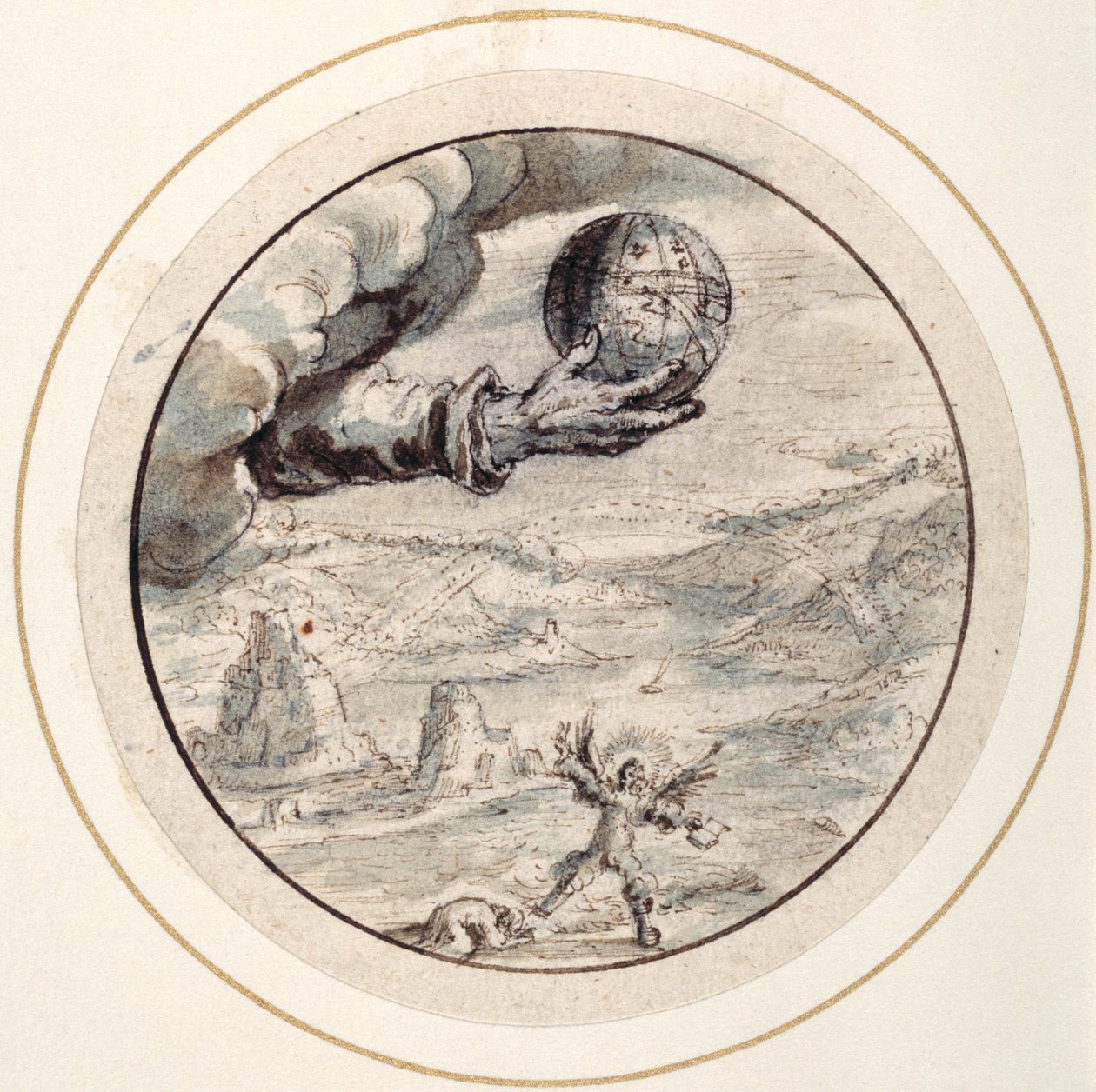 Mão com Spehere Celestial, início do século XVII (caneta e tinta castanha com lavagens cinzentas e castanhas e cor do corpo branca) de Crispin I de Passe