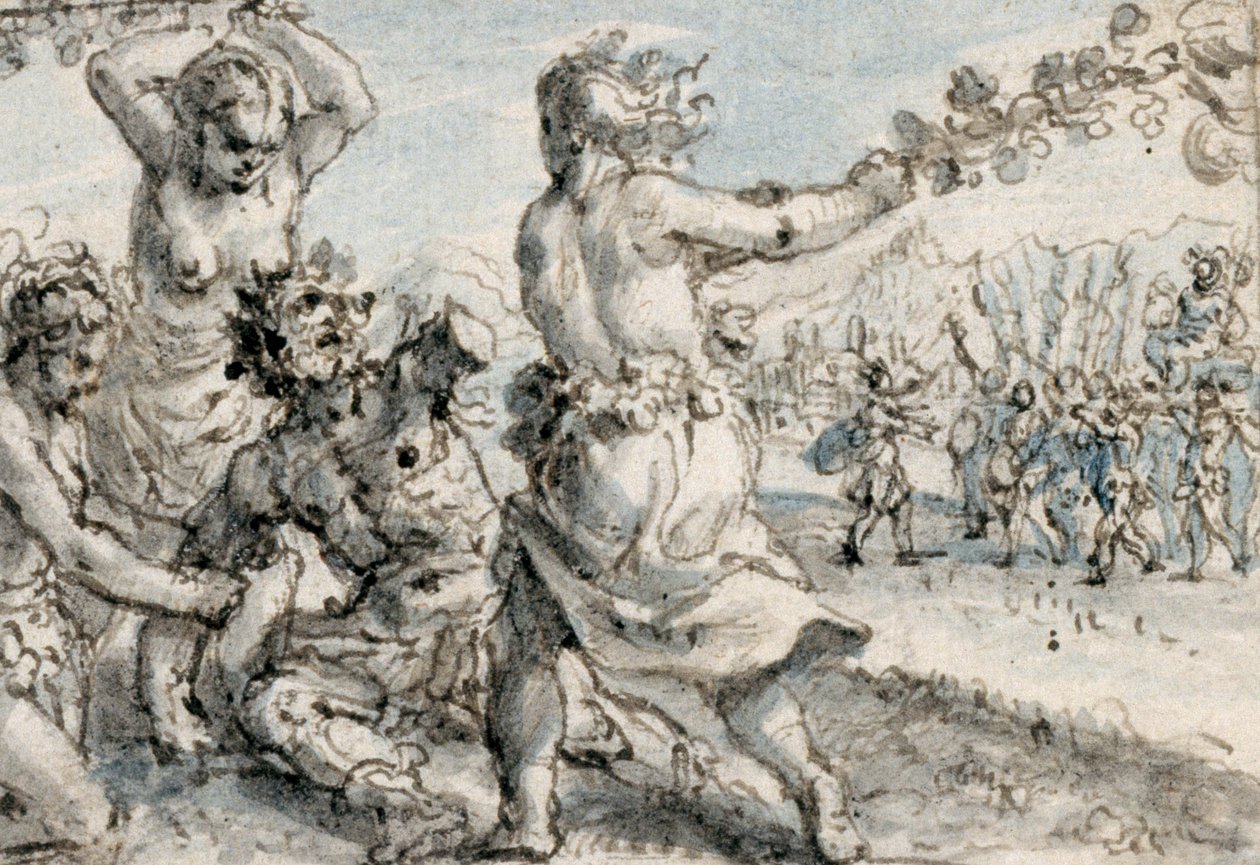 Maenads batendo Penteu, início do século 17 (caneta e tinta marrom com lavagens marrom, azul e cinza) de Crispin I de Passe