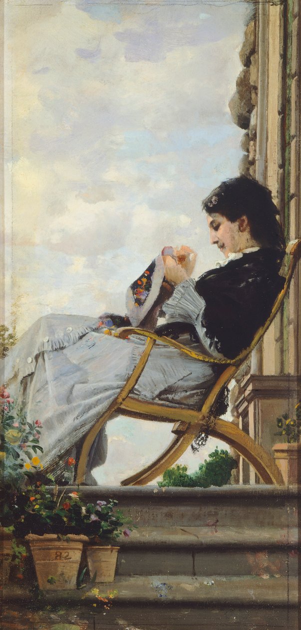 Mulher a Coser no Terraço de Cristiano Banti