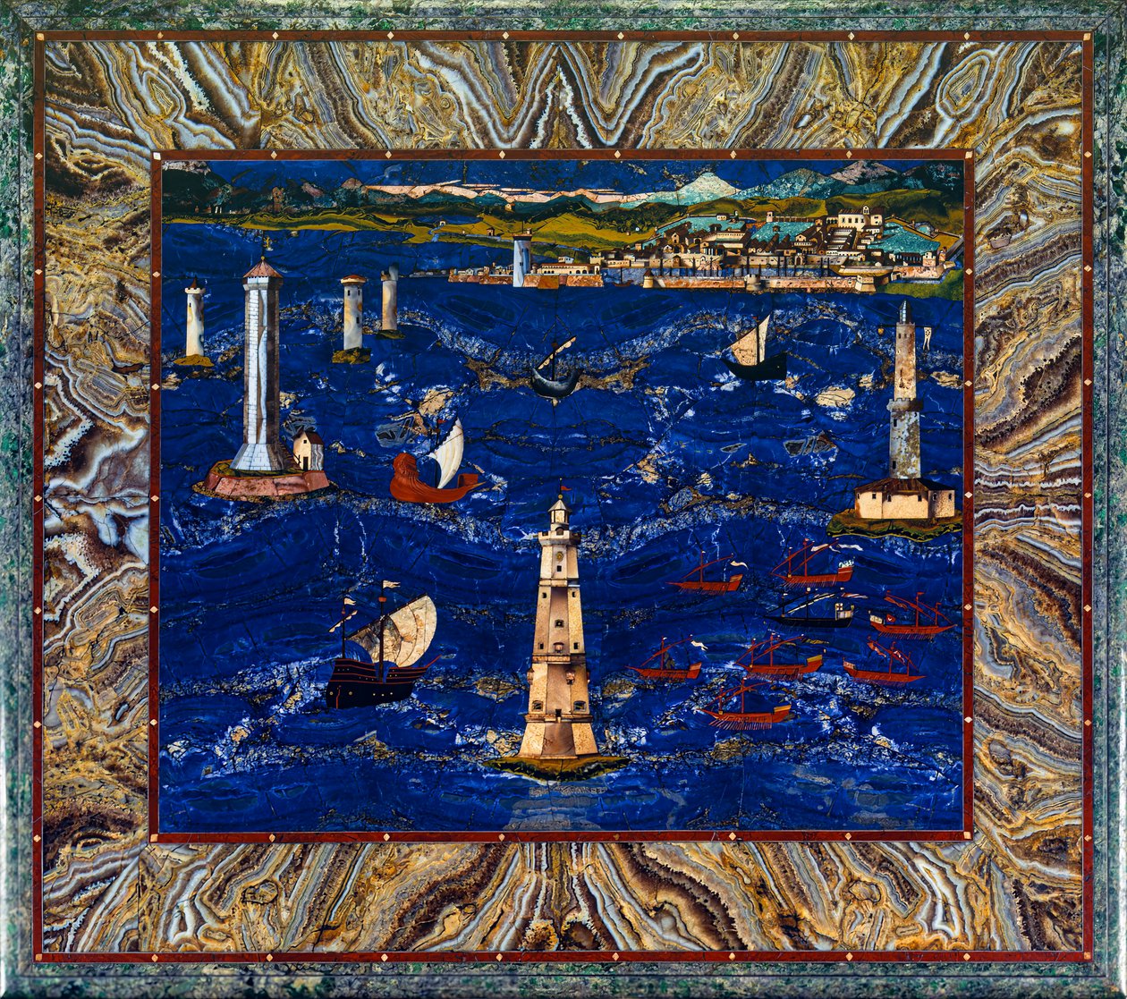 Mesa com representação do porto de Livorno, c.1601-04 (pedras preciosas, madeira, esmalte) de Cristofano & Ligozzi Jacopo (1547 1626) Gaffurri