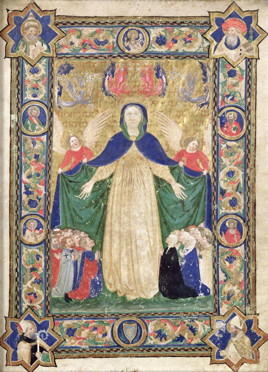 Virgem da Misericórdia, frontispício de um livro da Escola da Trindade dos Frades Teutônicos, 1422 de Cristoforo Cortese