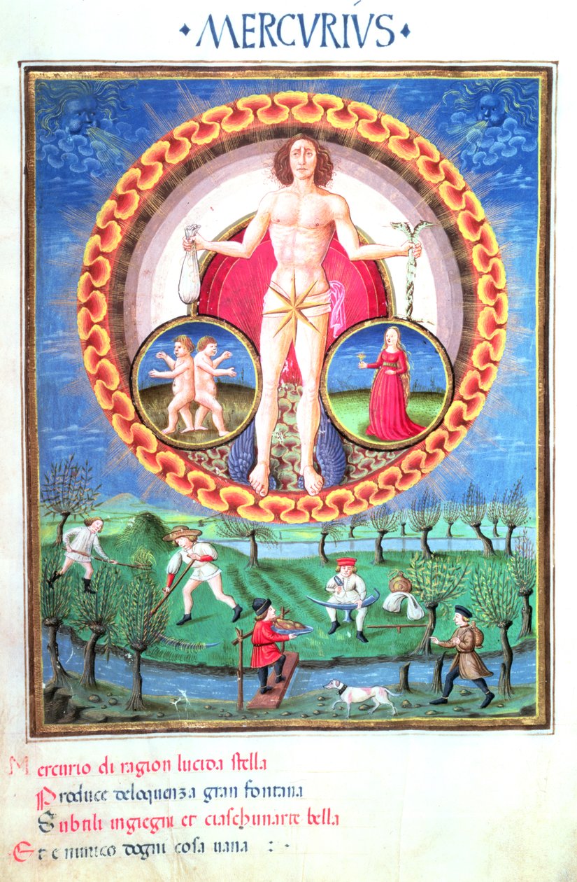 Senhora Lat. 209 O Planeta Mercúrio, com os signos do zodíaco de Gêmeos e Virgem, de &39;De Sphaera&39; c.1470 de Cristoforo De Predis