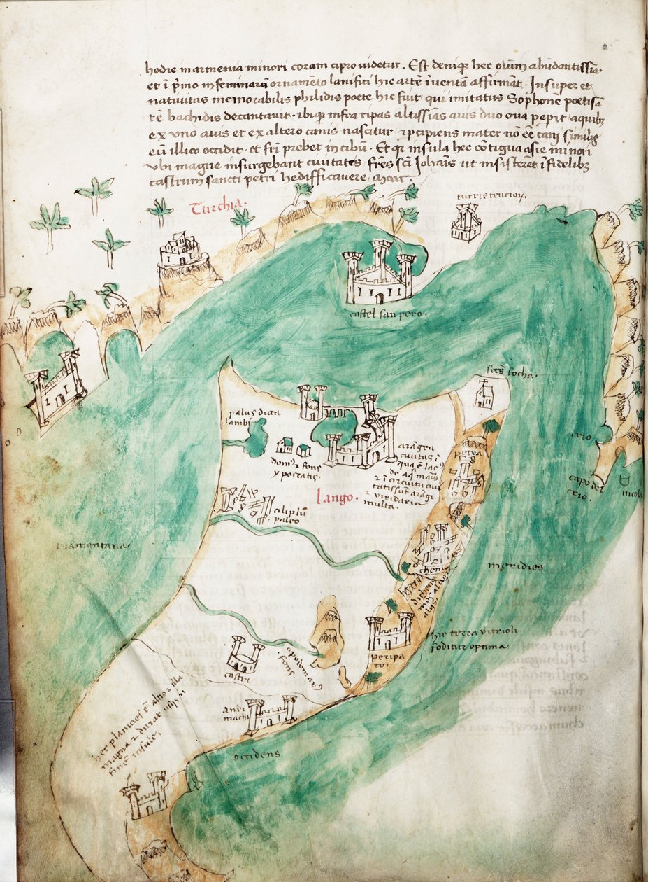 Carta de Kos e Bodrum, c.1420 (velino) de Cristoforo Buondelmonti