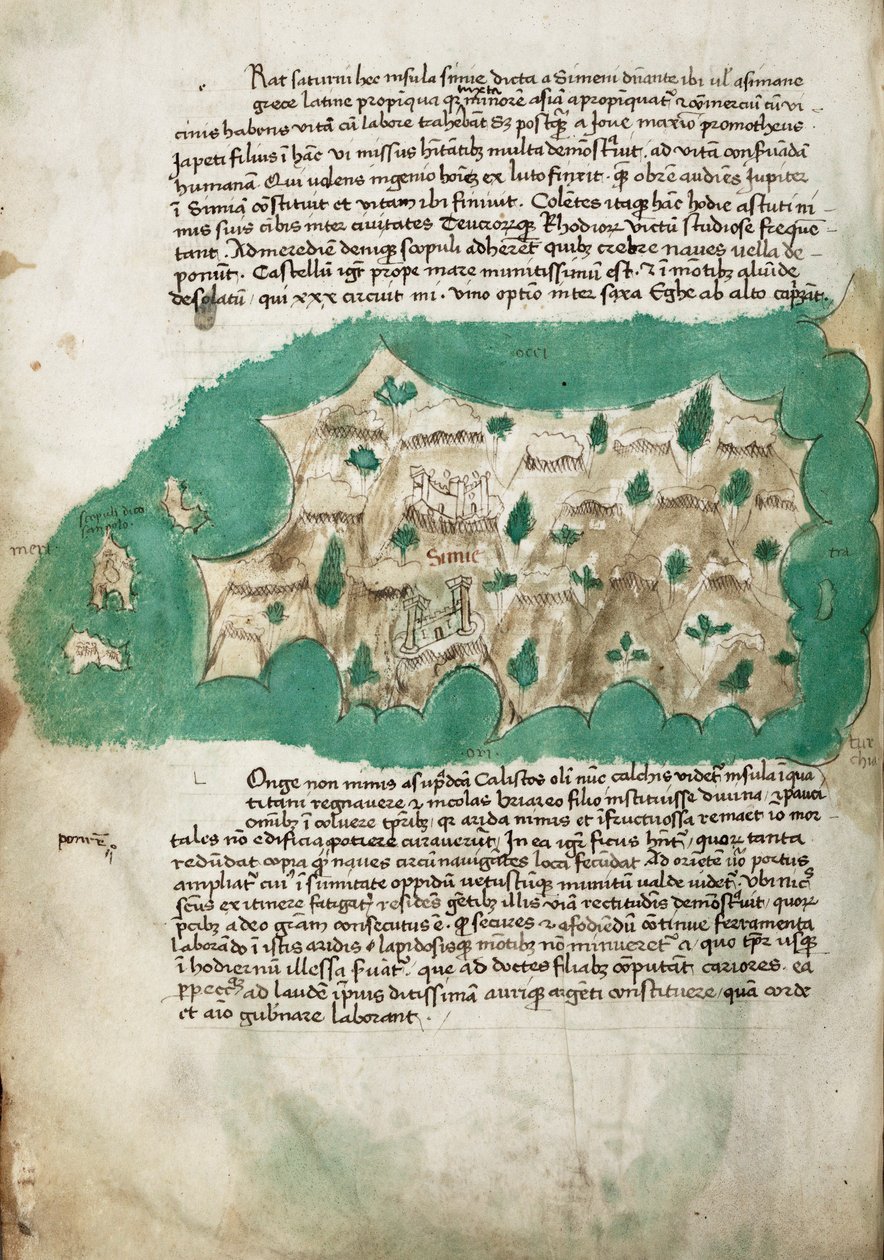 Symi, levantamento cartográfico da ilha grega, com notas manuscritas em velino de Cristoforo Buondelmonti