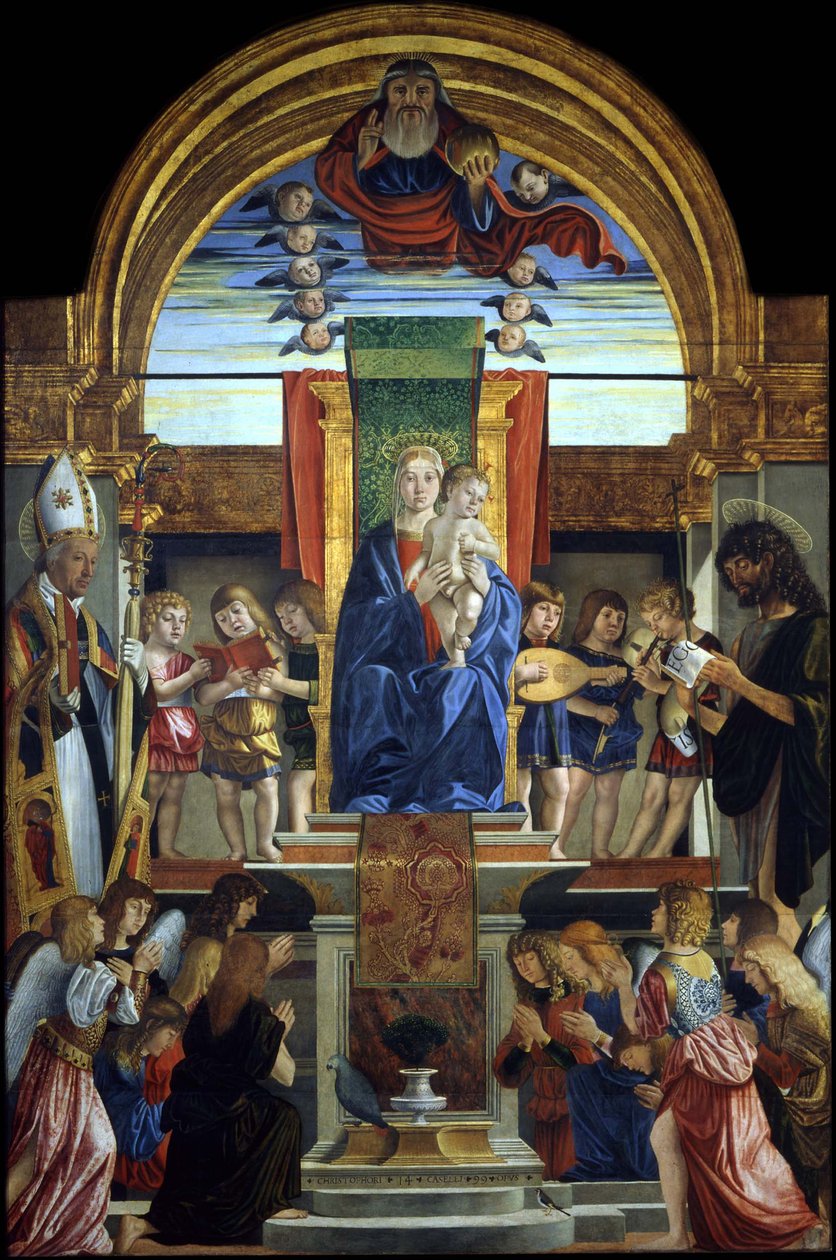A Virgem e o Menino Entronizados com Deus Pai e Santos Hilário e João Batista, 1499 de Cristoforo Caselli