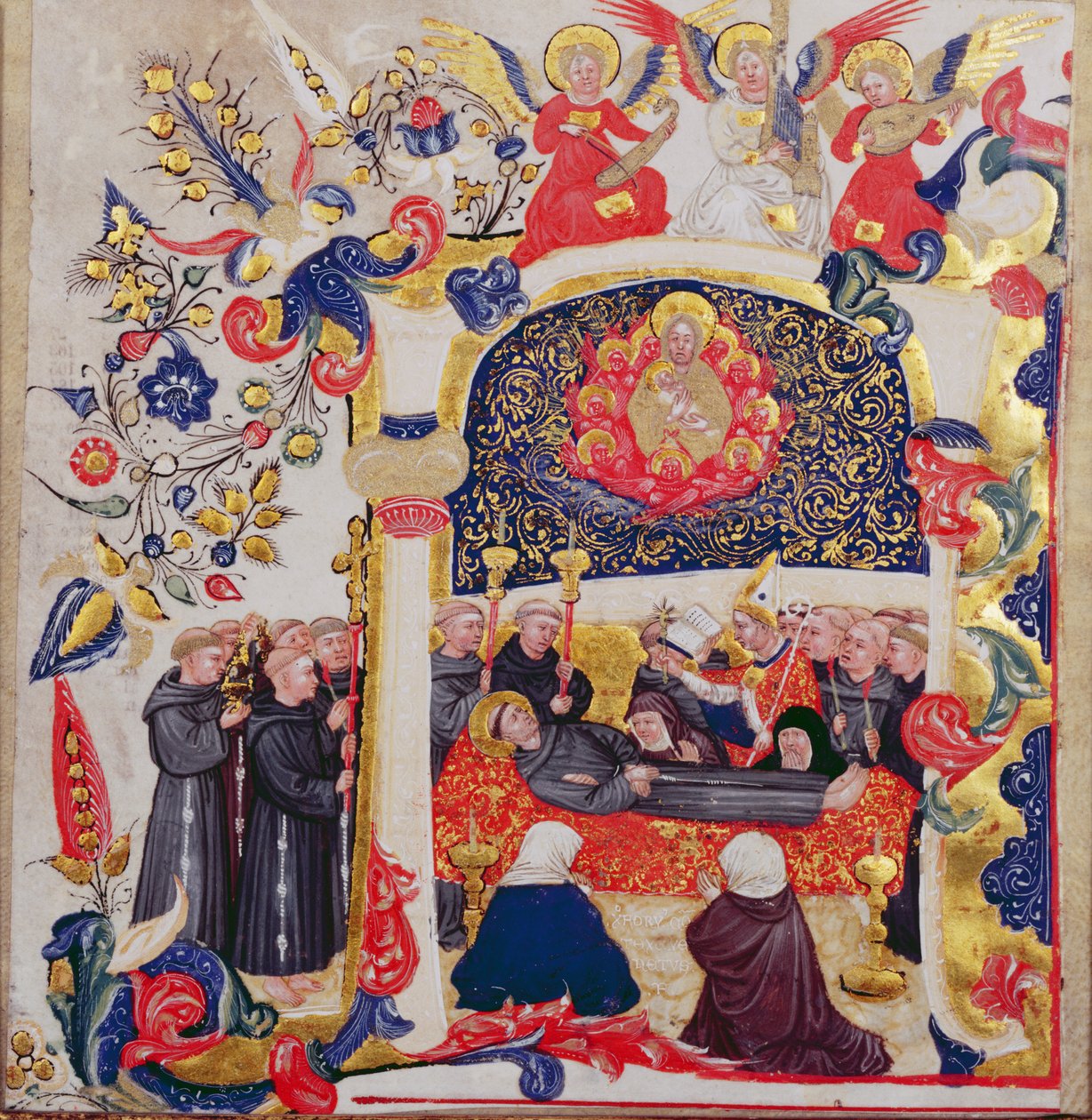 Habitada inicial &39;A&39; representando o funeral de São Francisco, c.1410 de Cristoforo Cortese