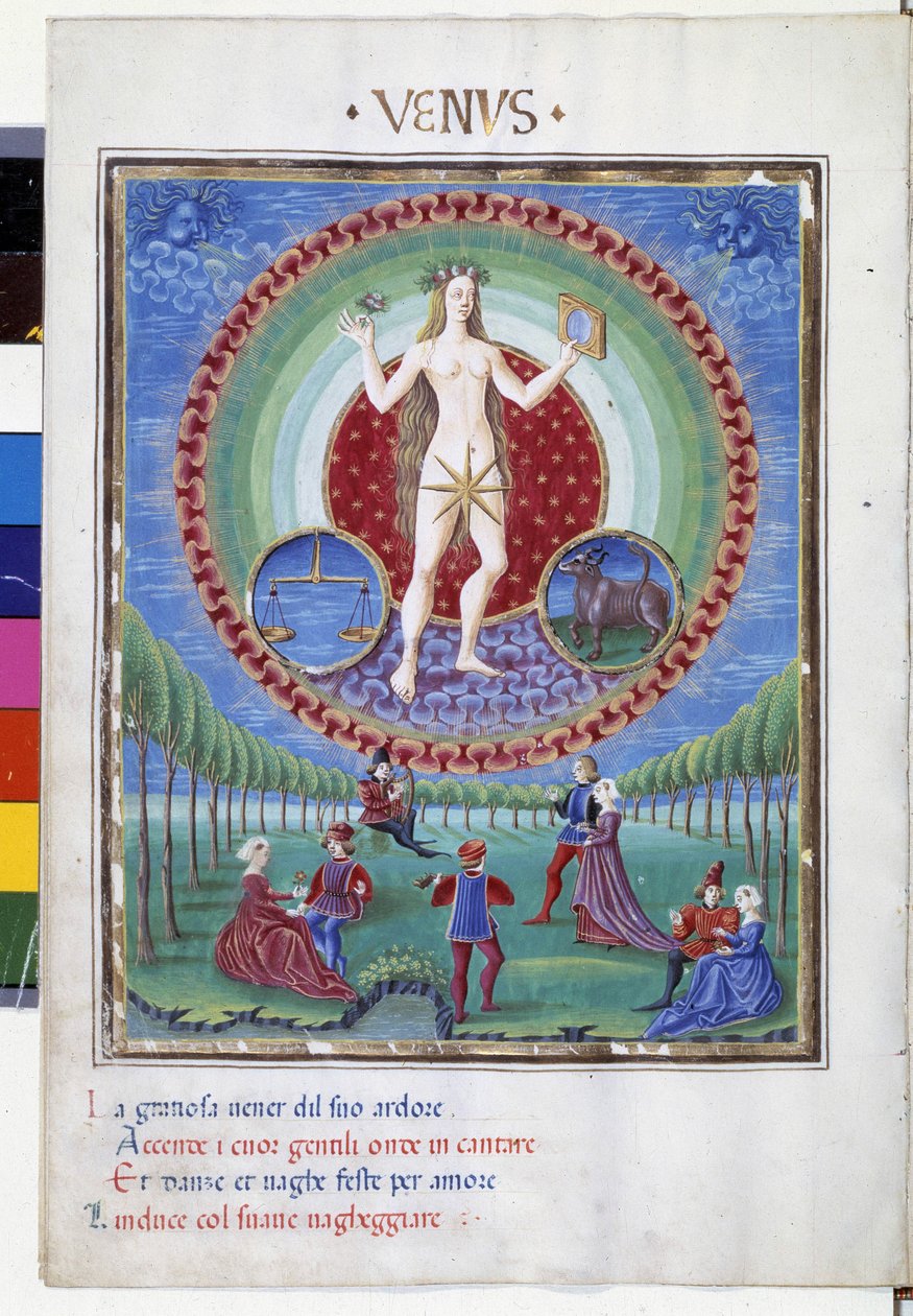 Vem com os sinais do zodíaco de equilíbrio e touro. Lá em baixo, as cenas galantes. Miniatura feita por Cristoforo de Predis (v. 1440-v. 1486) - em "De Sphaera" d
