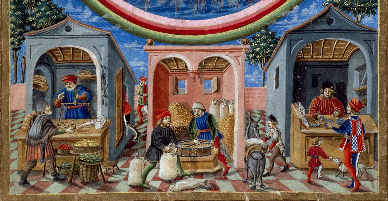 Detalhe dos comerciantes que vendem vários artigos: à esquerda, um comerciante de frutas e legumes, no centro um moinho de grãos de moldagem (Miniatura, cerca de 1470) de Cristoforo De Predis